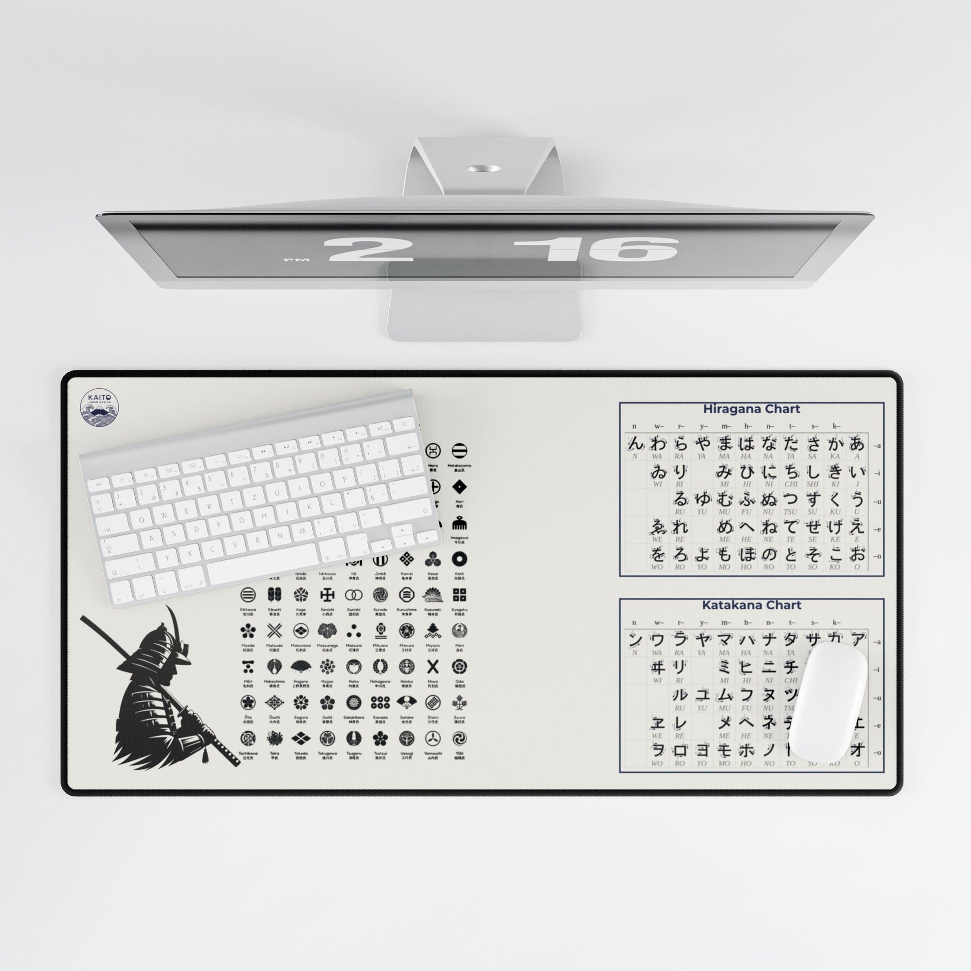 Desk mat with Japanese characters and a samurai design on a white background