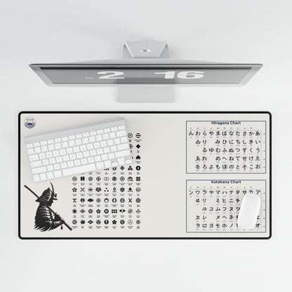 Desk mat with Japanese characters and a samurai design on a white background