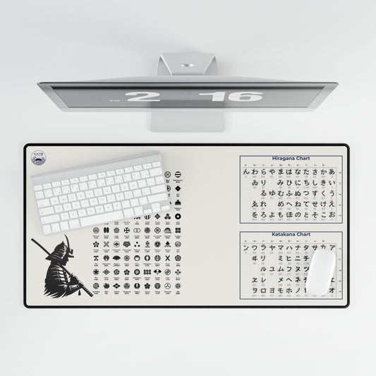 Desk mat with Japanese characters and a samurai design on a white background
