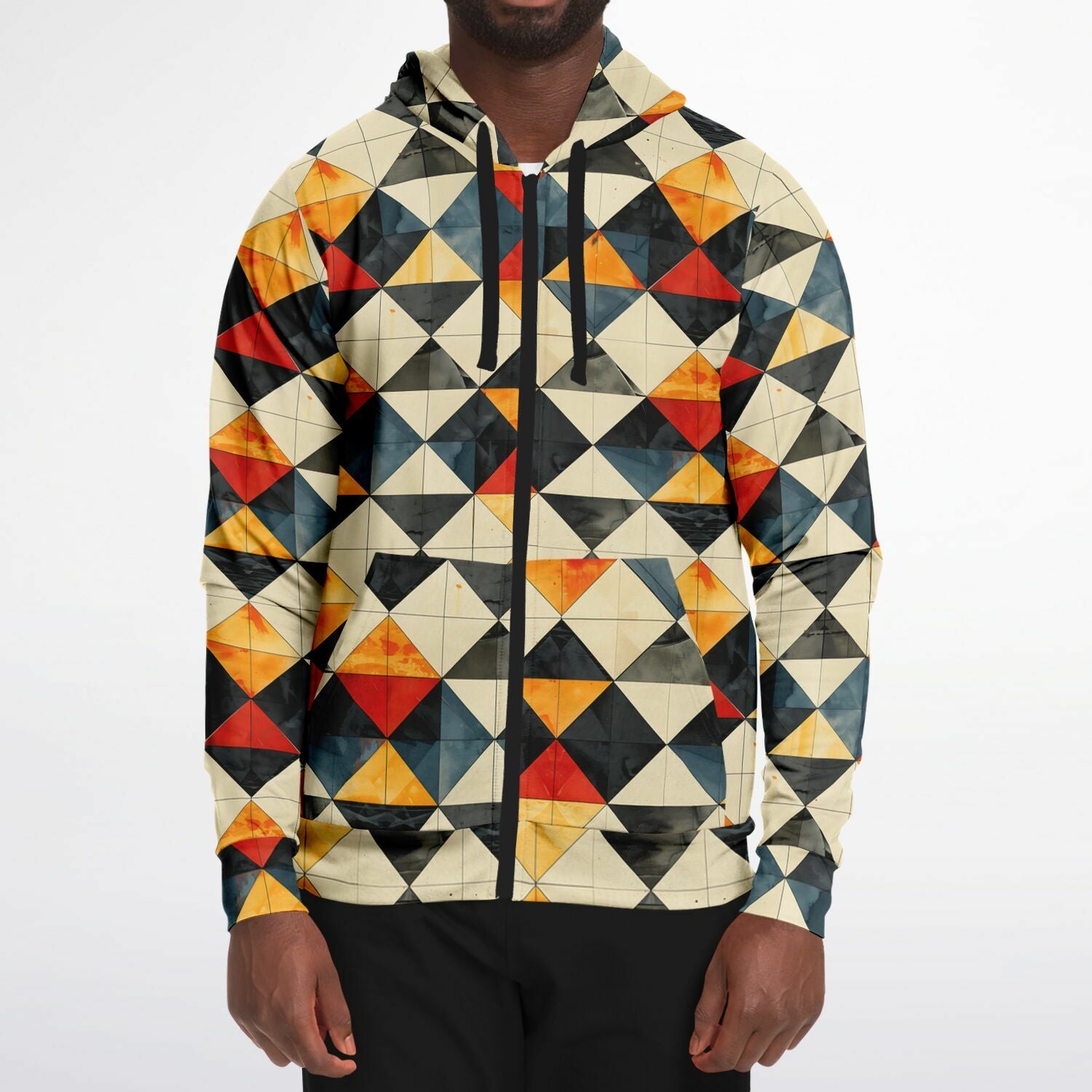 Person wearing a colorful geometric patterned jacket on a white background