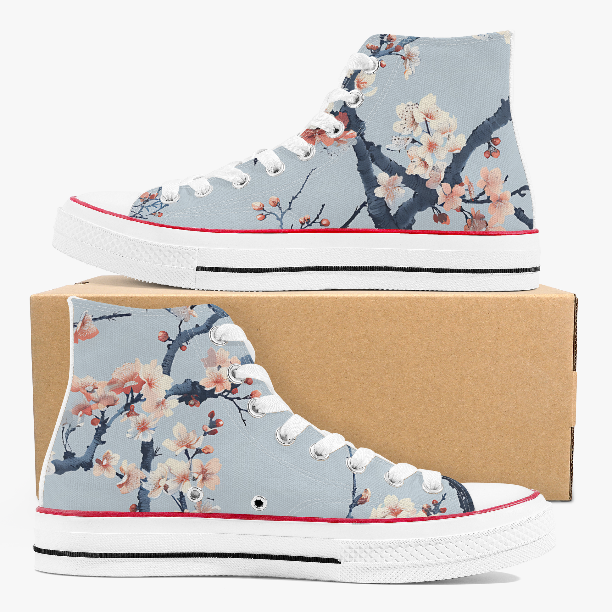 Floral-patterned high-top sneakers on a white background