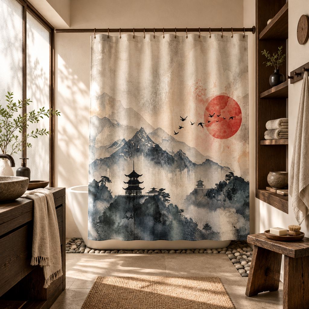 A Japanese-style shower curtain hanging in a rustic, sunlit bathroom. The curtain features a watercolor mountain landscape with a pagoda, birds, and a large red sun.