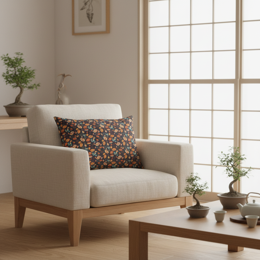 A modern light beige armchair with a dark floral throw pillow, set in a minimalist Japanese-style room with a wooden coffee table, bonsai trees, and a shoji screen window.