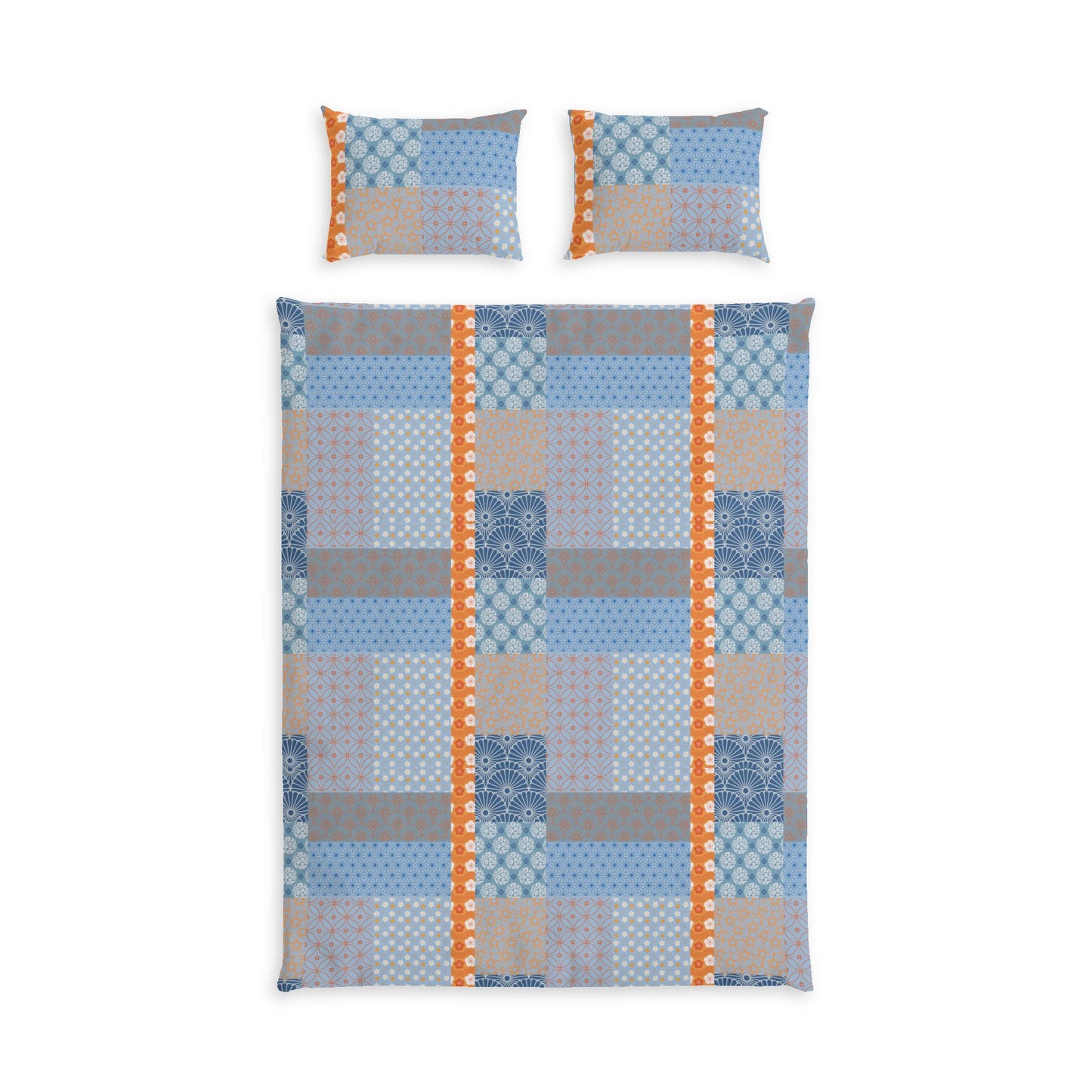 A patchwork quilt set featuring a blue, gray, and beige geometric patchwork design with orange dotted vertical borders, shown with two matching pillowcases on a white background.