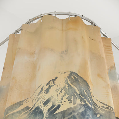 A large fabric shower curtain featuring a black ink-style mountain illustration on a warm beige background, hanging from a curved silver metal rod against a plain white wall.
