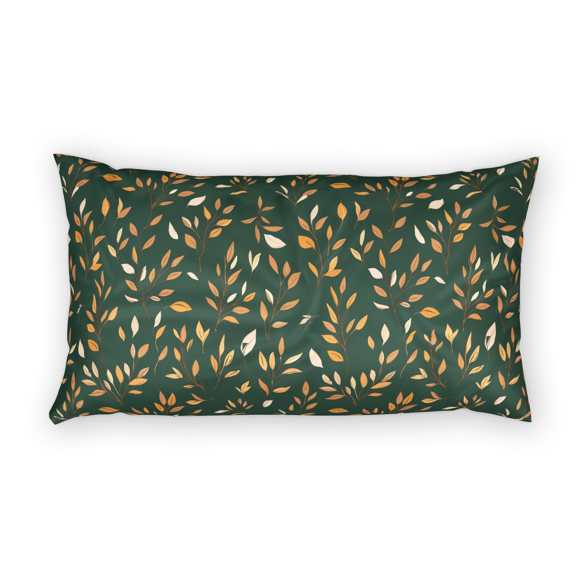 A rectangular lumbar pillow with a dark green background and an all-over pattern of stylized leaves in gold, beige, and white, shown against a plain white background.