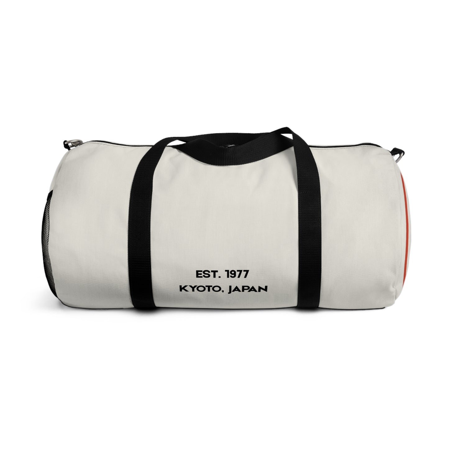 White duffel bag with black straps and text on a white background