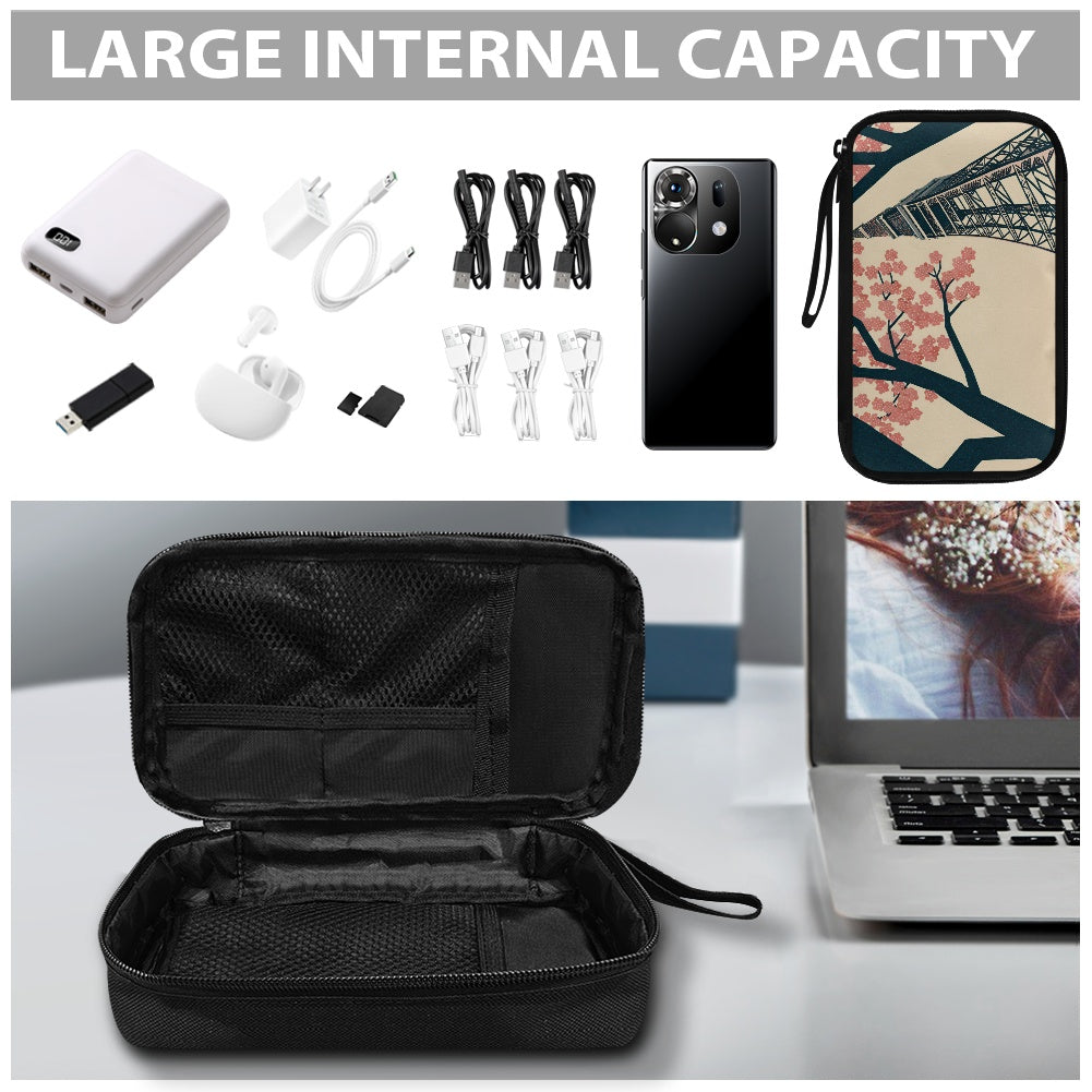 Black travel case with electronic accessories and a phone, with 'Large Internal Capacity' text above.