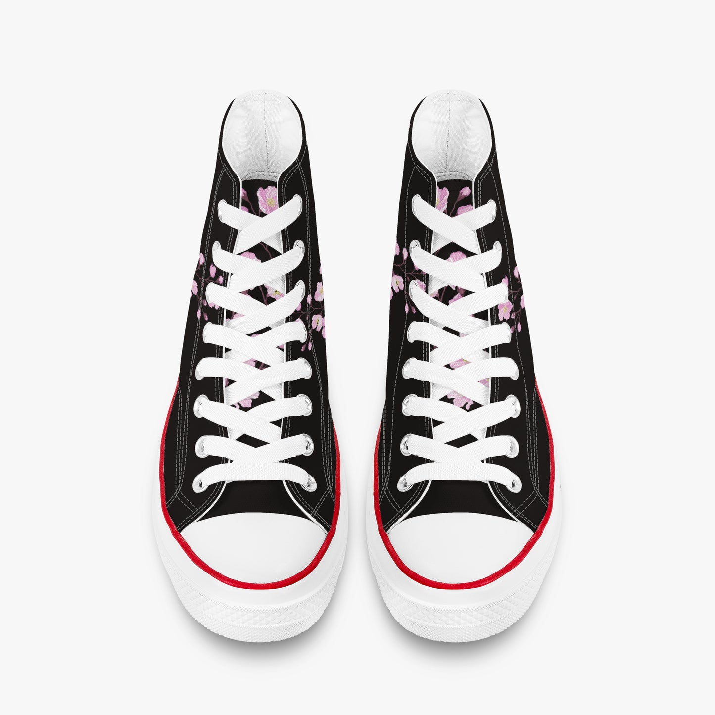 Black high-top sneakers with white laces and red soles on a white background