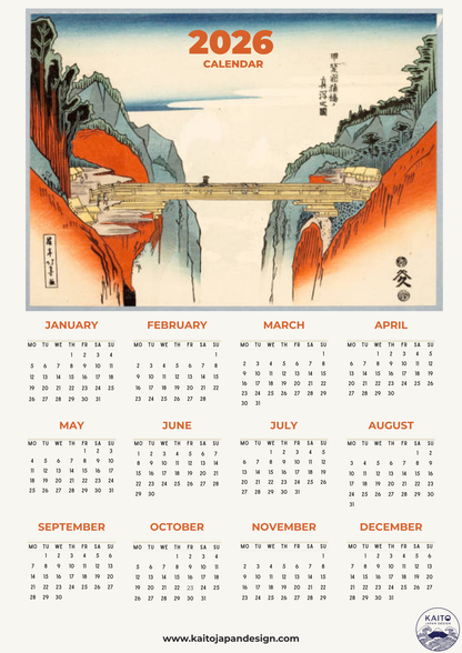 Calendar for 2026 with Japanese landscape design on a white background