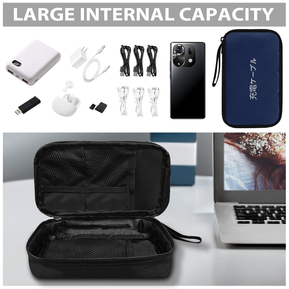 Black travel case with electronic accessories on a white background