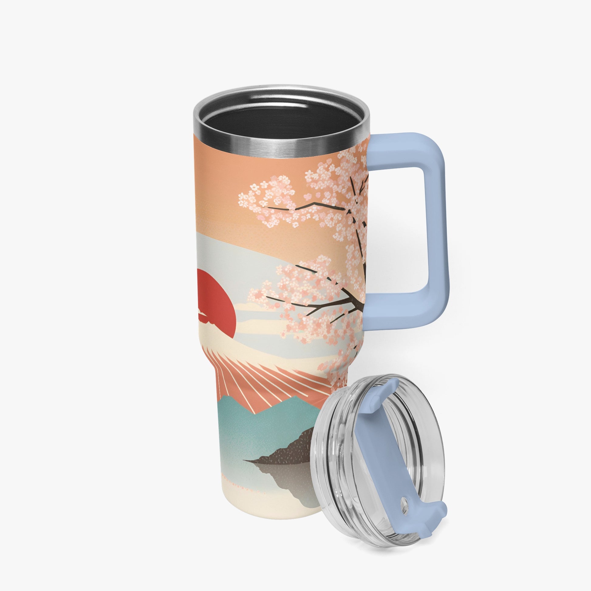 Sunrise Temple Car Tumbler Cup light blue Handle