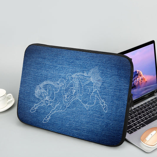 A padded indigo denim-style laptop sleeve featuring white line art of a rearing Shinme horse and Seigaiha waves, shown protecting a slim laptop