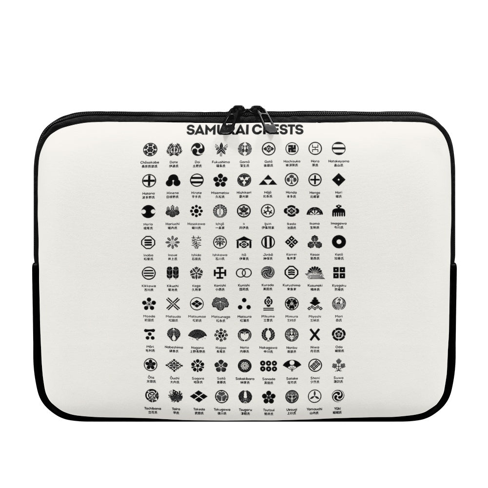 Samurai crests and Hiragana chart printed on a protective laptop sleeve