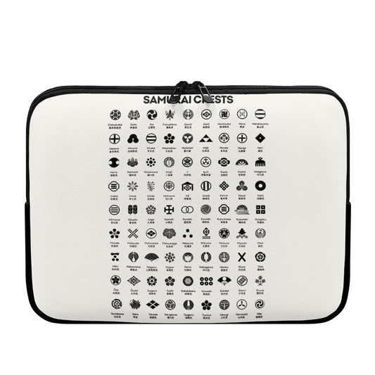 Samurai crests and Hiragana chart printed on a protective laptop sleeve