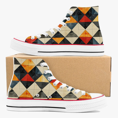Colorful geometric-patterned high-top sneakers with a matching box on a white background