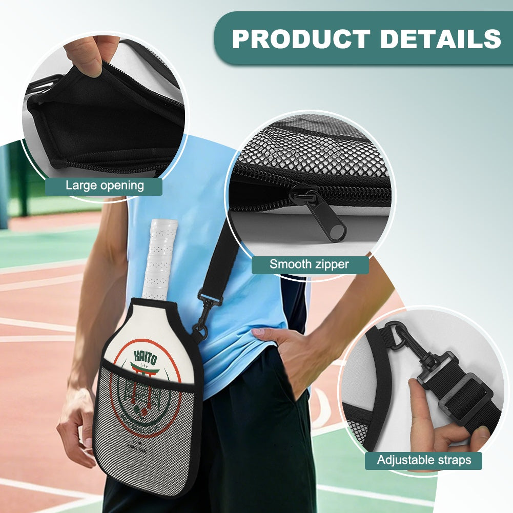 Person holding a paddle with a racket cover, showing features like large opening, smooth zipper, and adjustable straps on a sports court background.