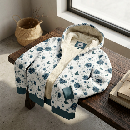 KAITO Japan Design winter zip-up hoodie featuring a plush cream sherpa lining, deep teal ribbed trim, and a clean white exterior printed with a blue Japanese floral Hana Aoi pattern.