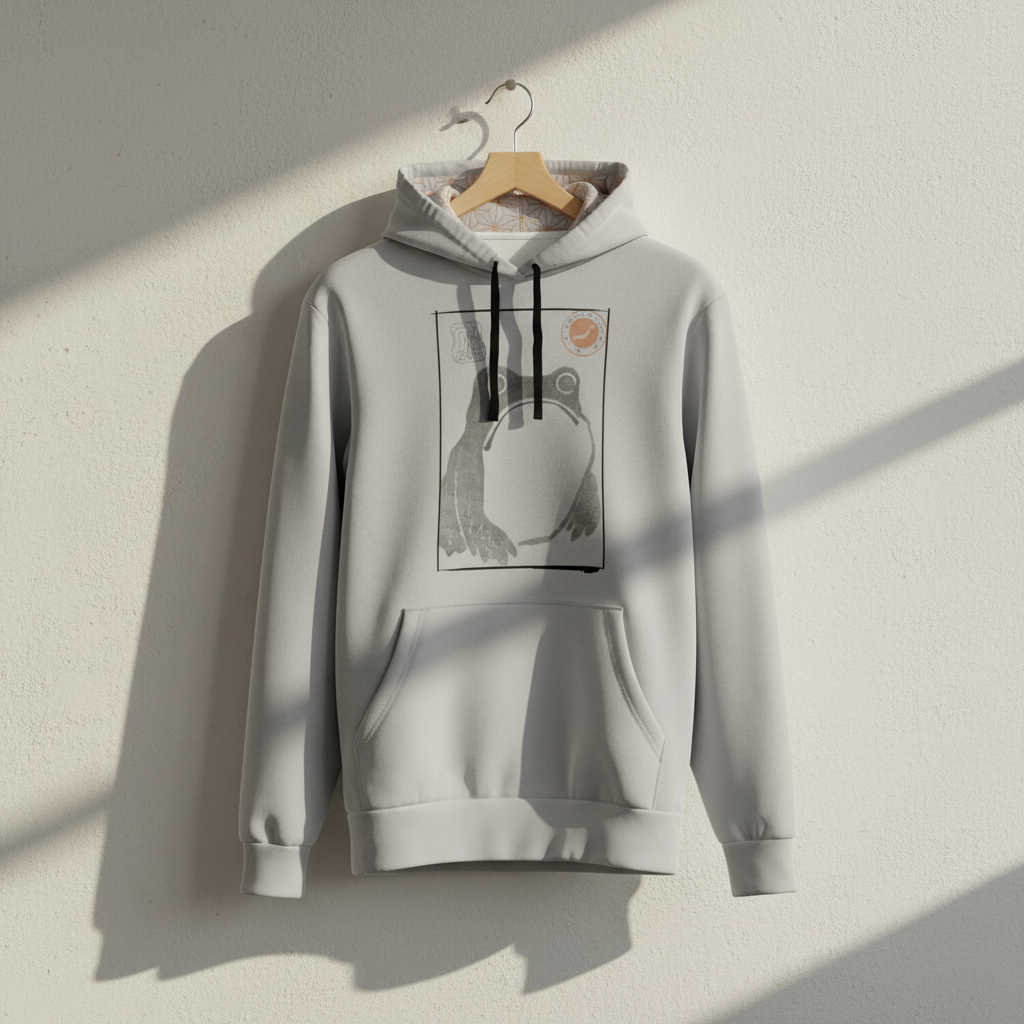 KAITO1977 Matsumoto Hoji Japanese woodblock print toad art pullover hoodie featuring vintage sumi ink illustration and red seal.