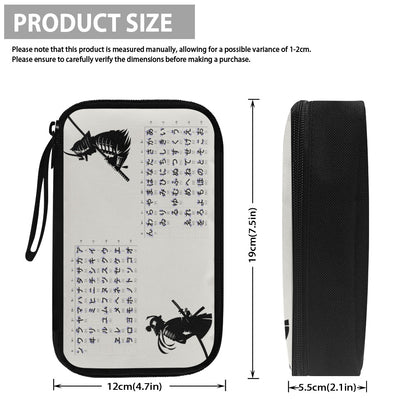 Product size measurement chart with a pouch featuring black designs on a white background