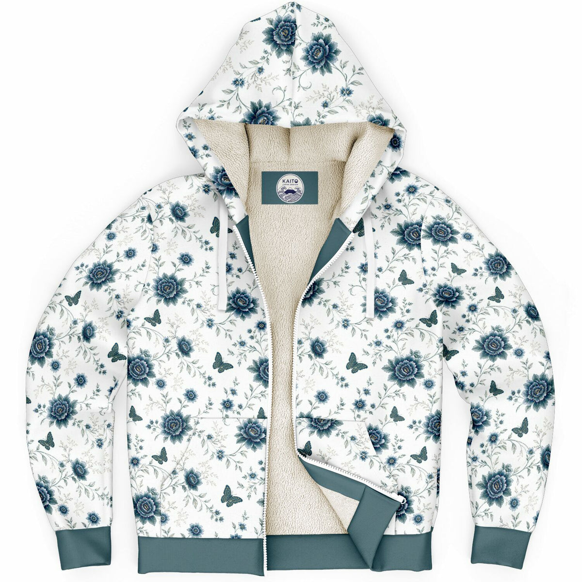 A hooded zip-up jacket with a white background and an all-over floral and butterfly print in blue and green. It features a cozy beige fleece lining and solid teal ribbed cuffs and hem.
