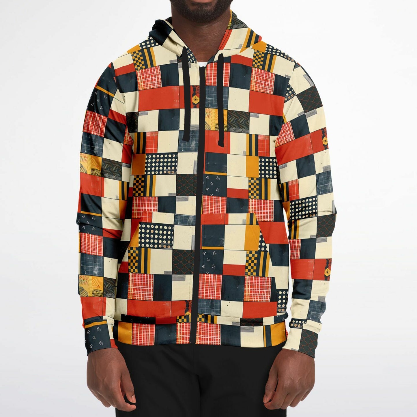 Multicolored patchwork jacket worn by a person on a white background