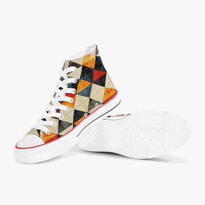 White high-top sneakers with a geometric pattern on a white background