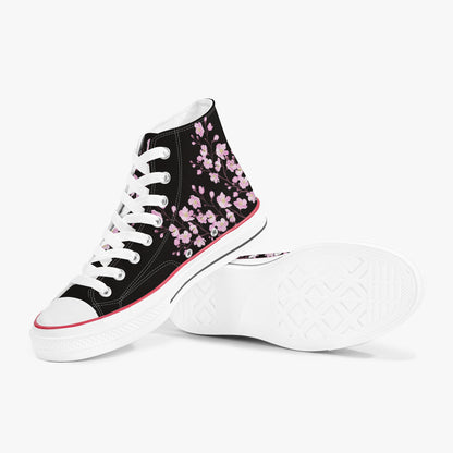High-top sneakers with pink floral pattern on a white background