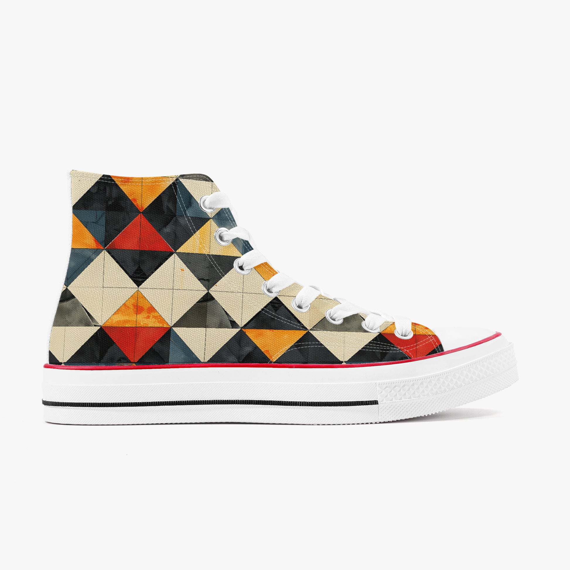 Colorful geometric-patterned sneaker on a white background