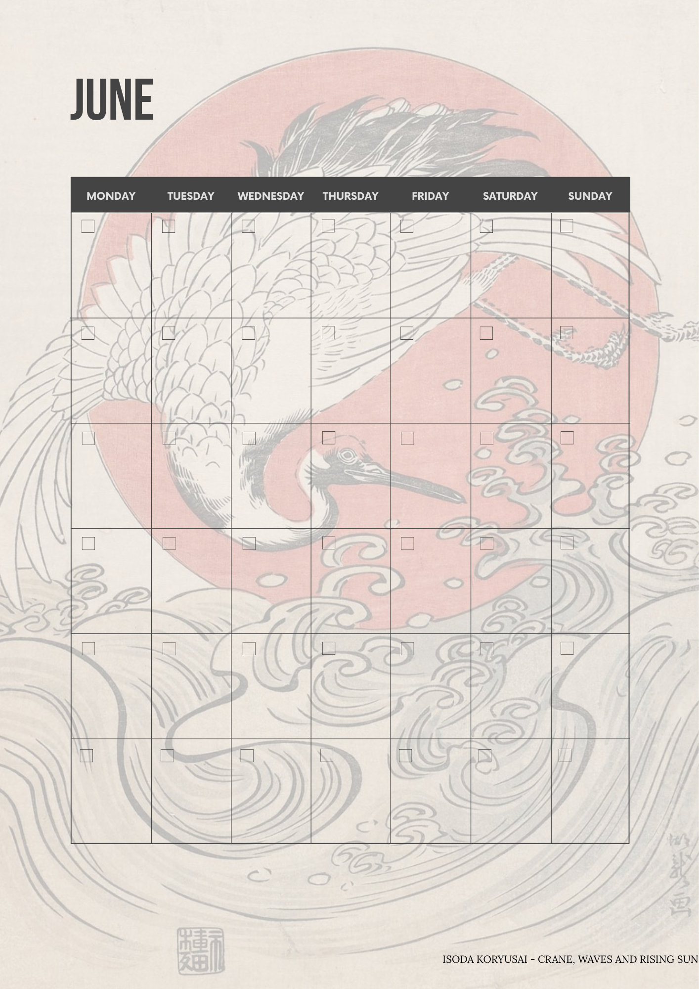 June calendar with a crane design on a light background Printable monthly calendar page featuring a classic Ukiyo-e Japanese woodblock print background.