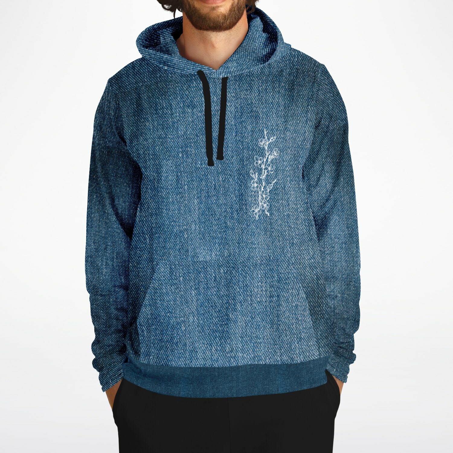 Blue hoodie with a white design on a white background