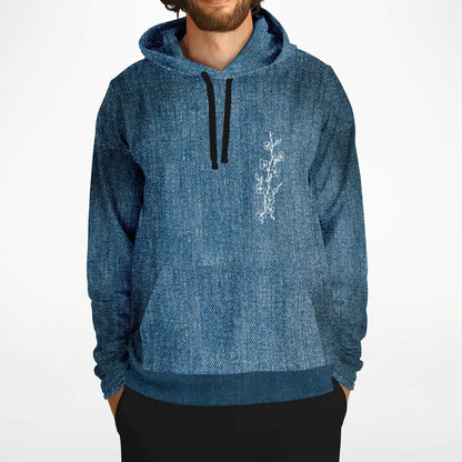 Blue hoodie with a white design on a white background