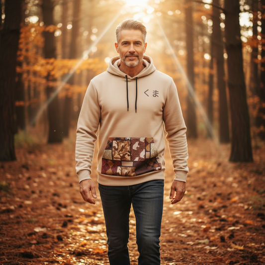 Man wearing a beige hoodie with a unique design in a forest setting