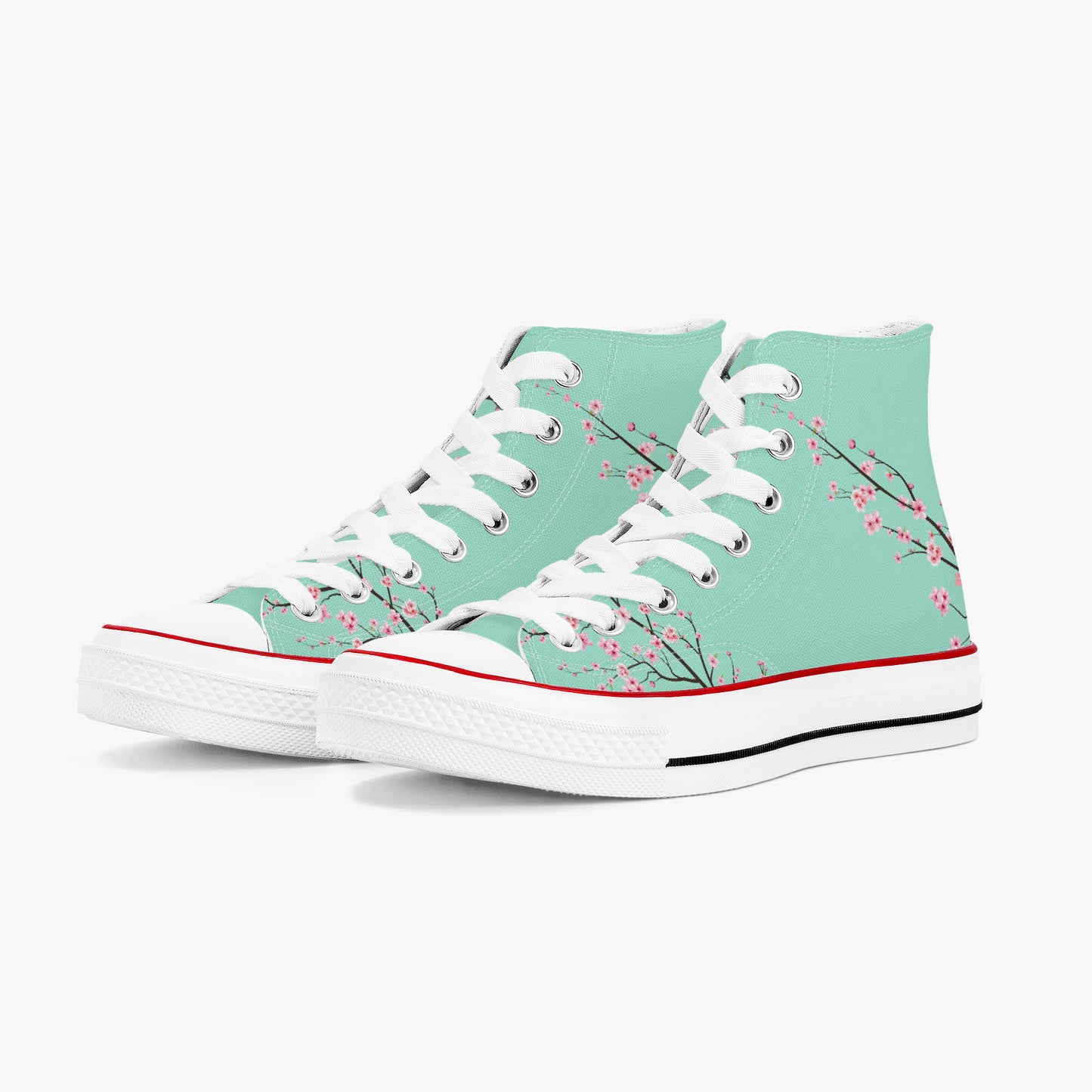Teal high-top sneakers with floral design on a white background