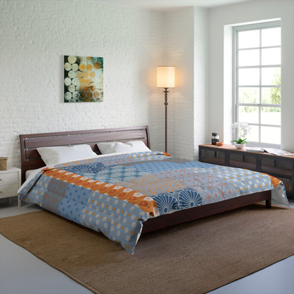 Bedroom with a bed featuring a colorful comforter, wooden headboard, and lamp. Polyester