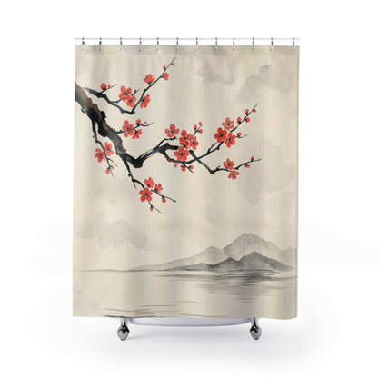 A shower curtain featuring a traditional Japanese-style print with red cherry blossoms on a branch, a misty mountain landscape, and a light beige background. The curtain is shown hanging from silver hooks over a white bathtub against a clean white background.