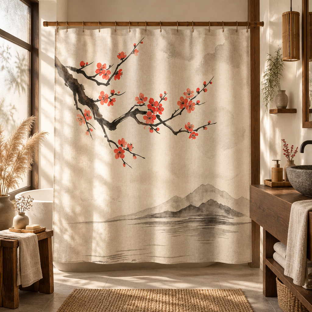 KAITO Japan Design Ume Mist Shower Curtain featuring an asymmetrical branch of red plum blossoms reaching from the top left corner over a misty, ink-wash mountain and lake landscape at the bottom.