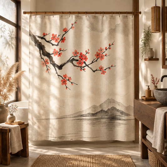 KAITO Japan Design Ume Mist Shower Curtain featuring an asymmetrical branch of red plum blossoms reaching from the top left corner over a misty, ink-wash mountain and lake landscape at the bottom.