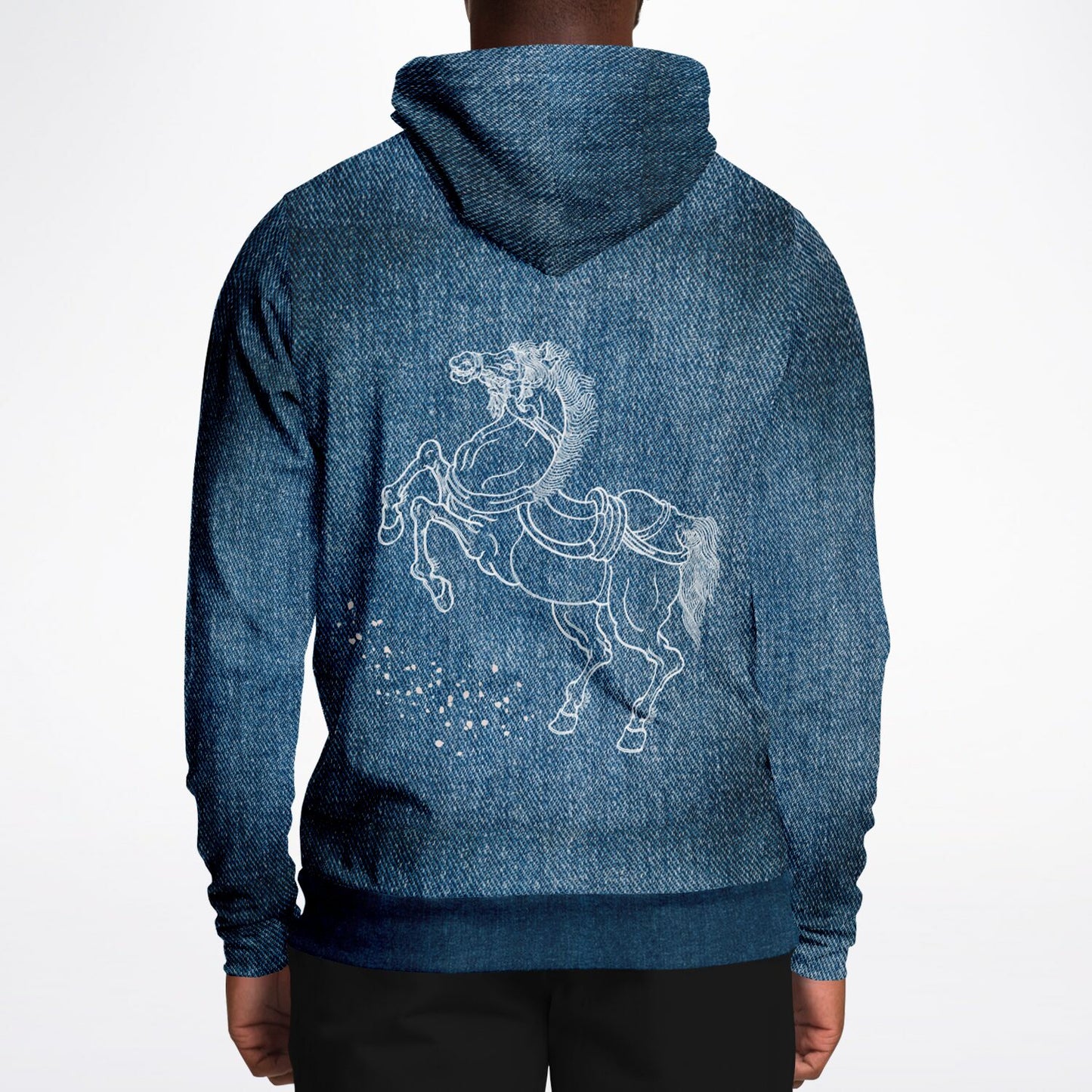 Blue hoodie with a white horse design on the back, worn by a person.