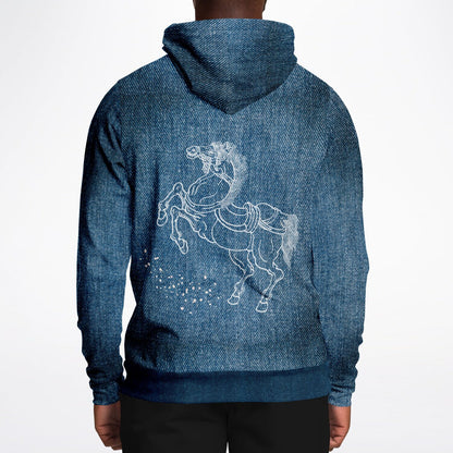Blue hoodie with a white horse design on the back, worn by a person.