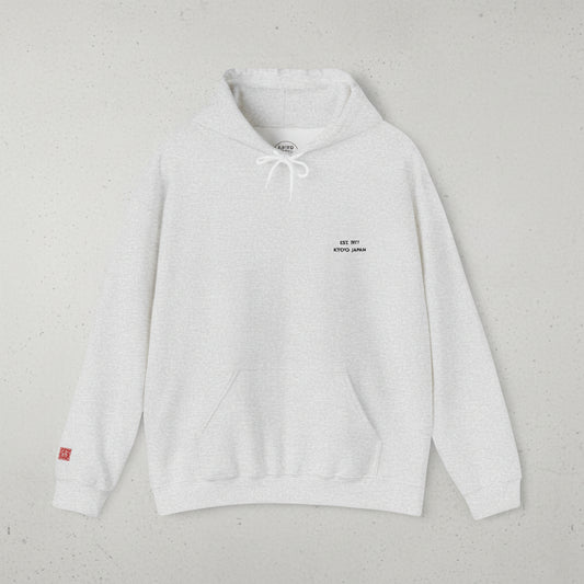 Beige hoodie with a deer graphic and text on a white background