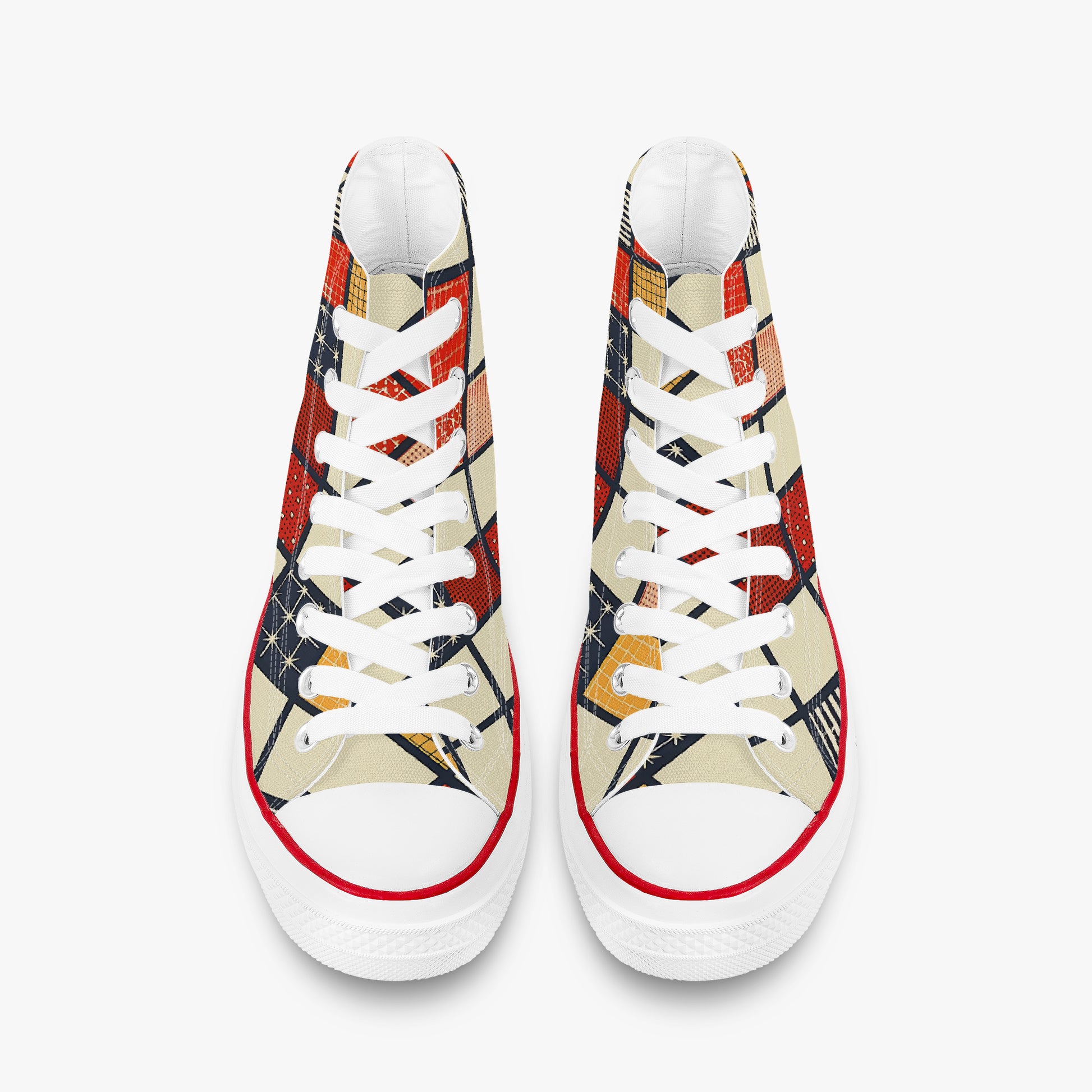 Pair of sneakers with geometric pattern on a white background