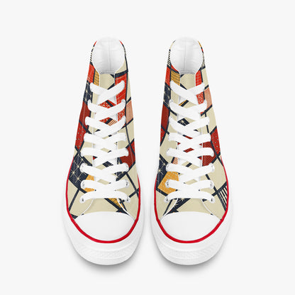 Pair of sneakers with geometric pattern on a white background