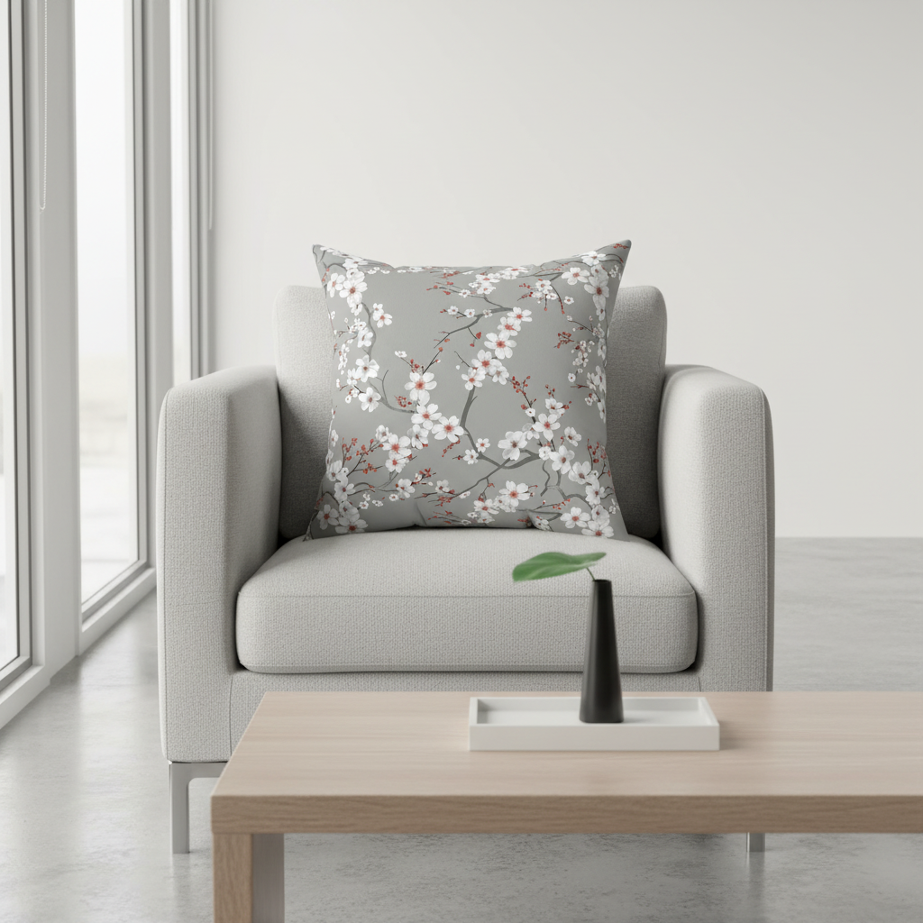 Gray armchair with a floral-patterned pillow in a minimalistic living room.