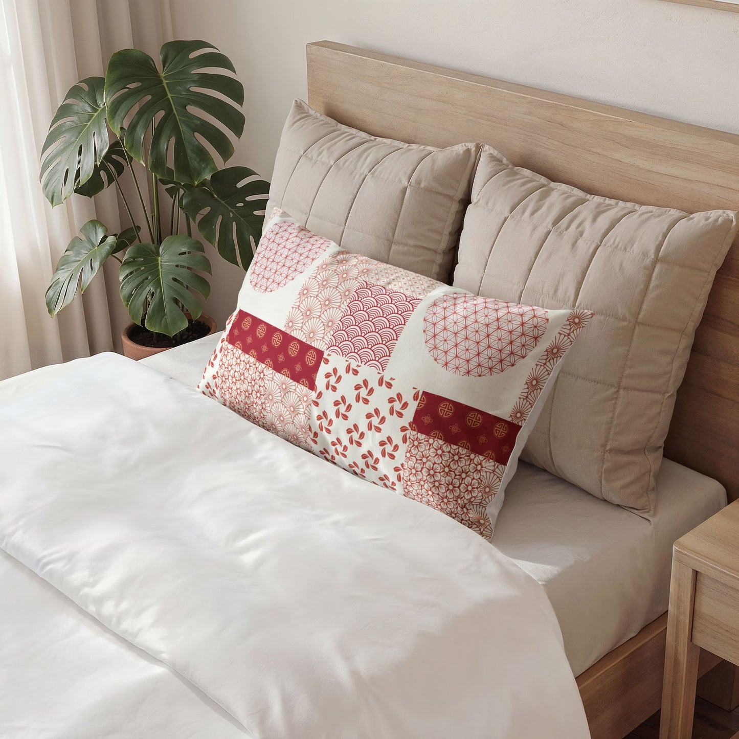 A rectangular patchwork pillow with red and pink patterns rests on a bed with white bedding, flanked by two beige quilted pillows against a light wood headboard. A potted green monstera plant is visible in the background next to a window.