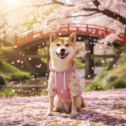 Dog in a pink outfit sitting under cherry blossom trees with a bridge in the background