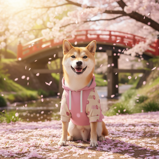 Dog in a pink outfit sitting under cherry blossom trees with a bridge in the background