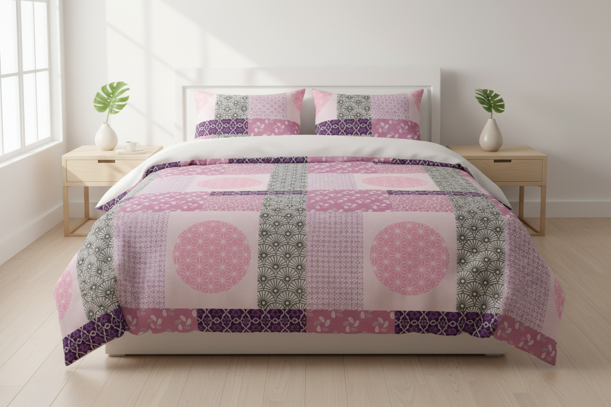 A bed dressed in a pink and purple patchwork quilt set with matching pillow shams, styled in a bright, modern bedroom with light wood nightstands and white walls.