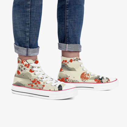 High-top sneakers with floral design worn with rolled-up jeans on a white background
