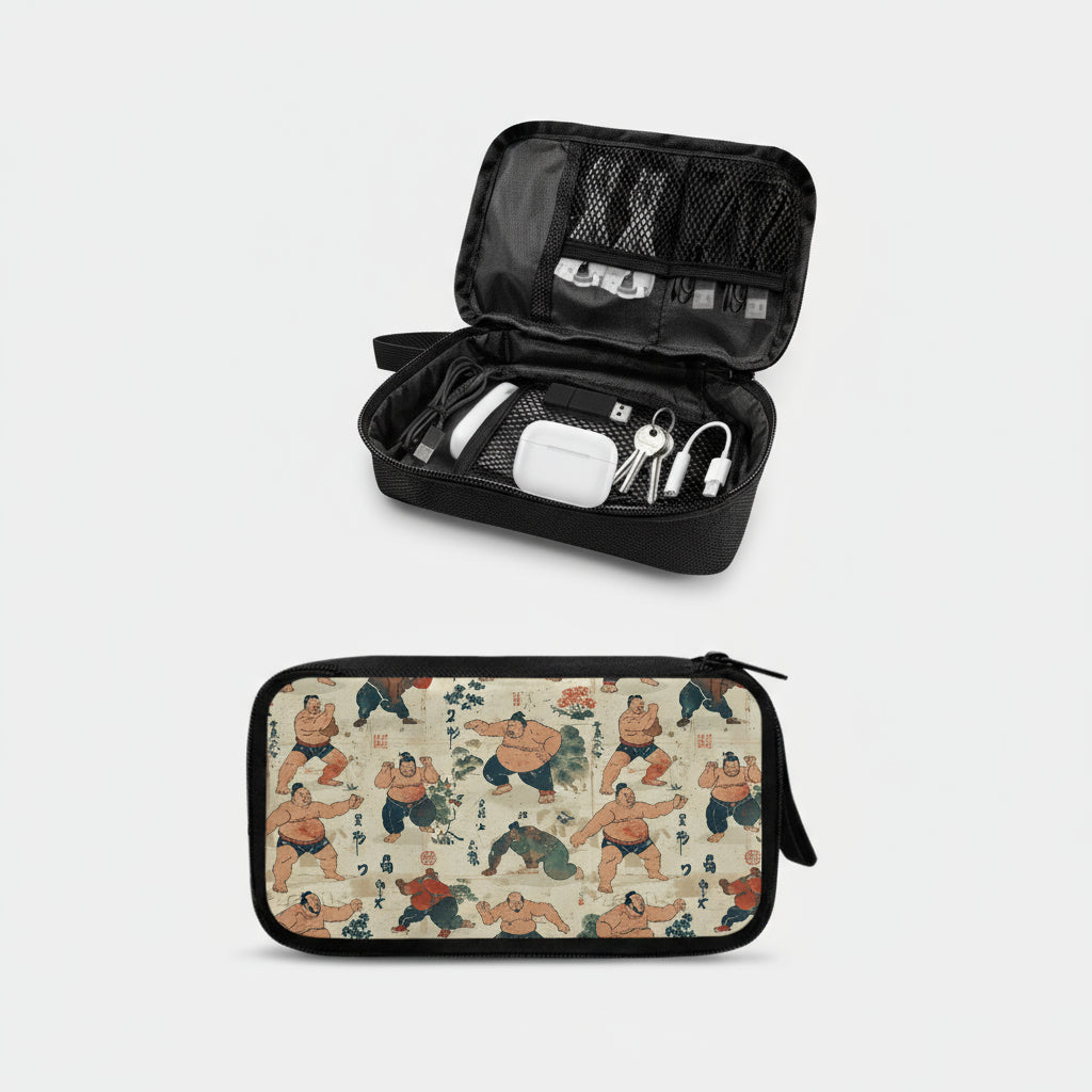 A high-quality white tech organizer pouch featuring a vintage artistic print of dynamic Japanese Sumo wrestlers in traditional poses, designed for professional electronics storage.